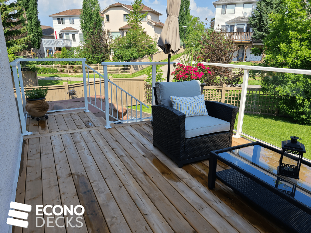 top of wood deck with white railing